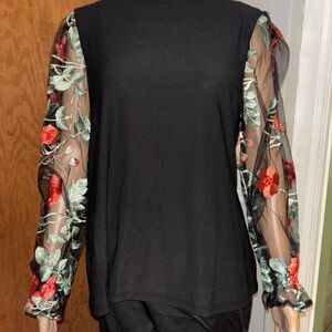 80 Park Black Mock Neck Top Floral Embroidered Mesh Sleeves Size L
